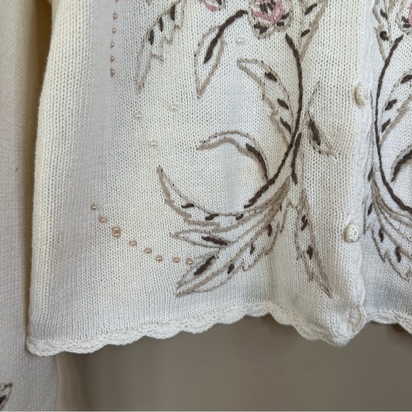 Cottagecore Cardigan Sweater Embroidered Beaded Women PETITE LARGE Pearls Floral - Picture 6 of 14